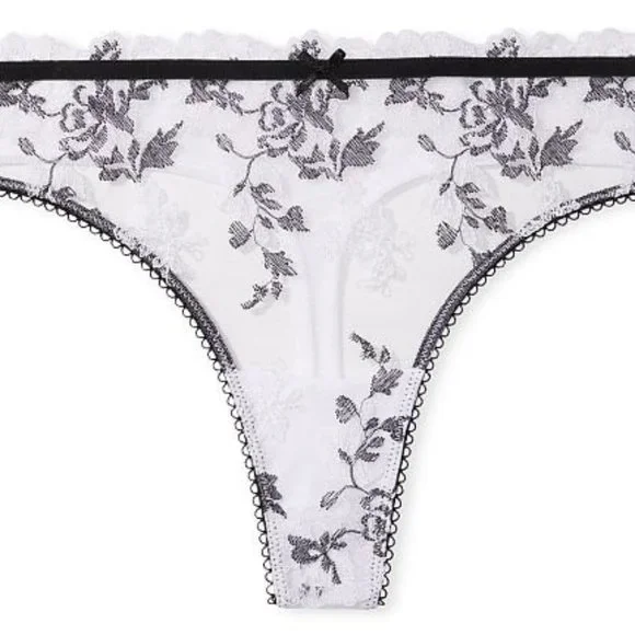 VS L Embroidered Lace Thong Panty White w/ Black Embroidery NWT - Picture 13 of 15